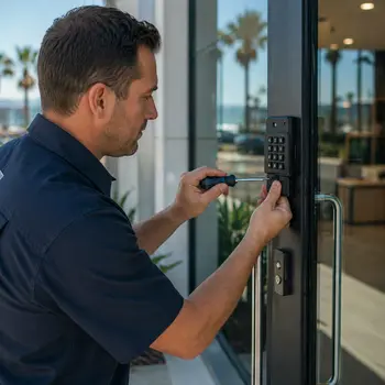 Locksmith installing a keypad access control system at a San Diego business
