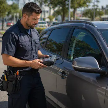Professional locksmith using tools to safely open a car door in San Diego
