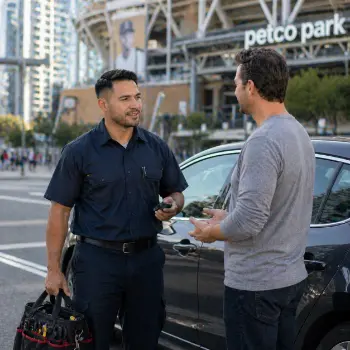 Auto locksmith opening a locked car near Petco Park in downtown San Diego