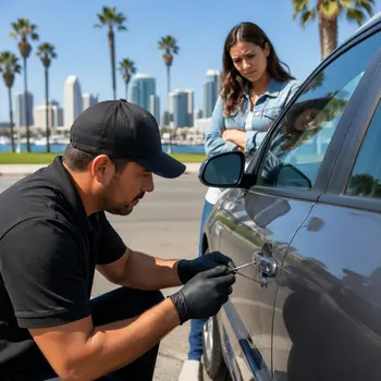 Auto locksmith opening a locked vehicle door for a driver in San Diego