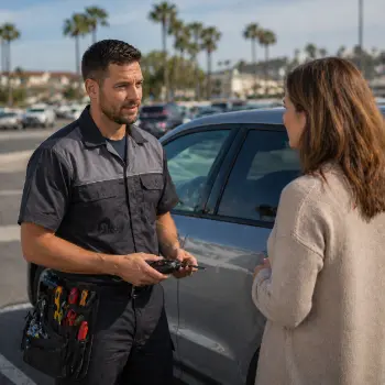 Locksmith unlocking a car door for a driver locked out in San Diego
