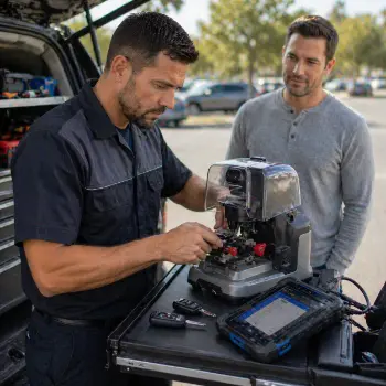 Mobile locksmith making a replacement key for a driver who lost car keys in San Diego