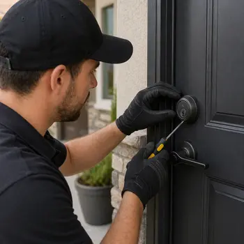 Residential locksmith in San Diego installing a deadbolt on a house front door