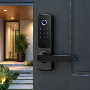 Locksmith setting up a smart keypad lock on a San Diego home front door