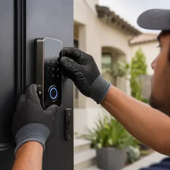 Smart lock being installed on a San Diego residential front door